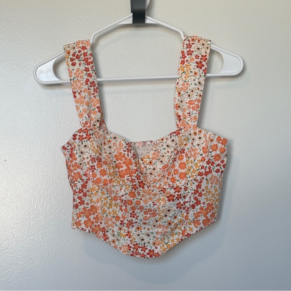 Floral Square-Neck Cropped Tank Top - Orange Floral